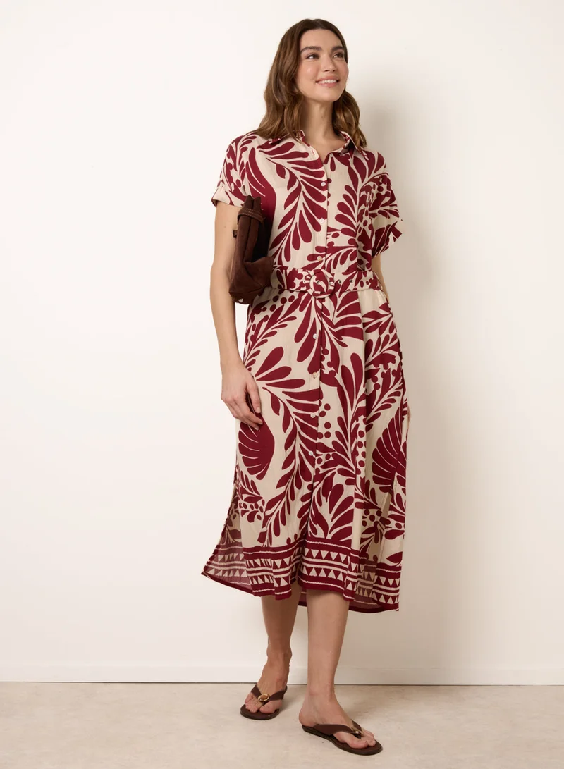 بلو فانيلا Tropical Leaf Print Belted Shirt Dress